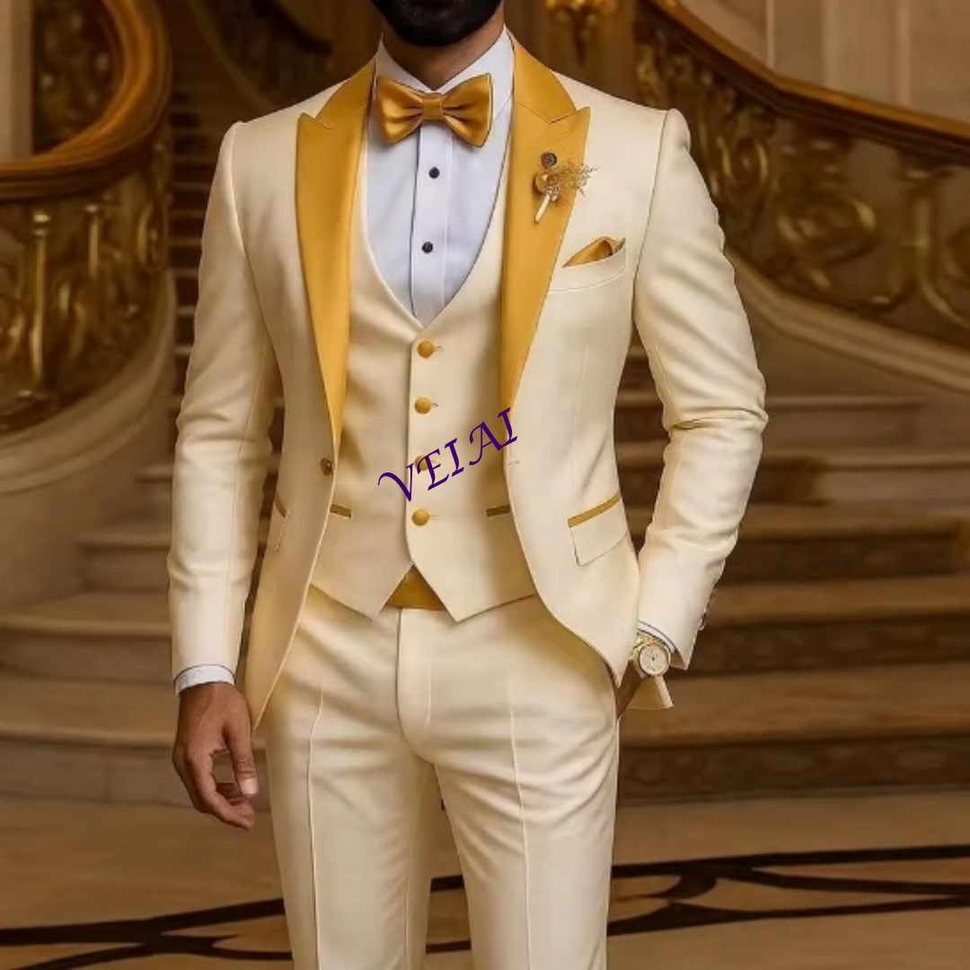 Men'S Grooming Jacket - Özel Tasarım Altın Yaka Fildişi Erkek